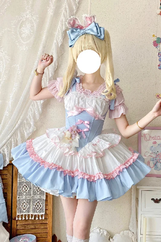 Light-Blue/Pink/White [Fairy Tale Overture] Triple-Layered Ruffle Bowknot Fishbone Sweet Ballet Lolita Dress Polka dot unclassified dresses