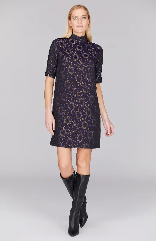 Sunburst Jacquard Turtleneck Shift Dress w/ Contrast Bias Holiday unclassified dresses