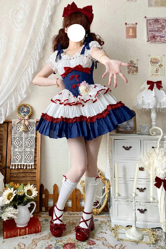 Red/White/Blue [Fairy Tale Overture] Triple-Layered Ruffle Bowknot Fishbone Sweet Ballet Lolita Dress Dark color unclassified dresses