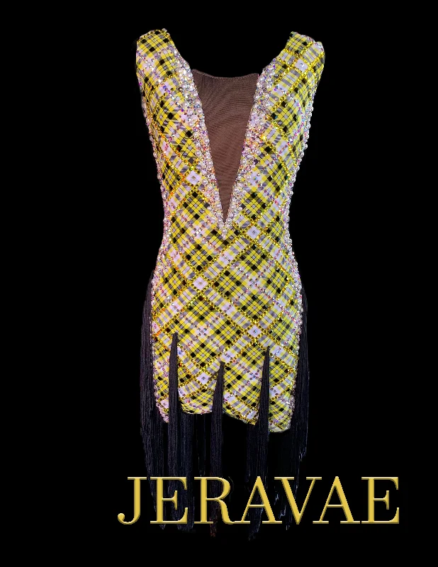 Resale Artistry in Motion Yellow with Black Plaid Latin Dress with Tassel Fringe, Swarovski Stones, and a Beautiful Back Strap Design Sz M Lat161 Club unclassified dresses