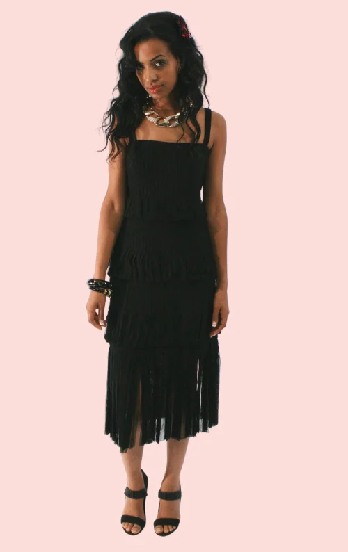 Sleeveless Fringe Dress - Black Mesh unclassified dresses