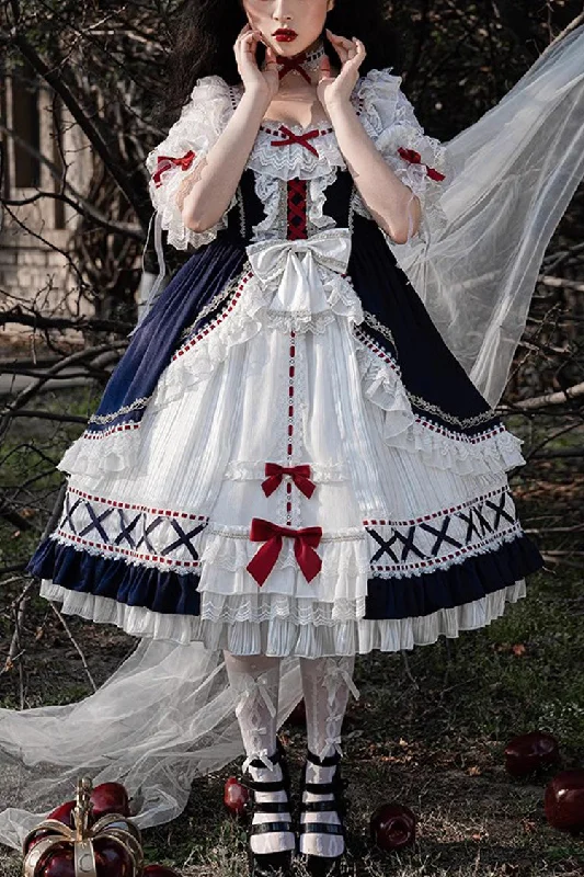 White/Blue Gorgeous White Snow Princess Half Sleeves Ruffle Sweet Lolita Tiered Dress Off-shoulder unclassified dresses