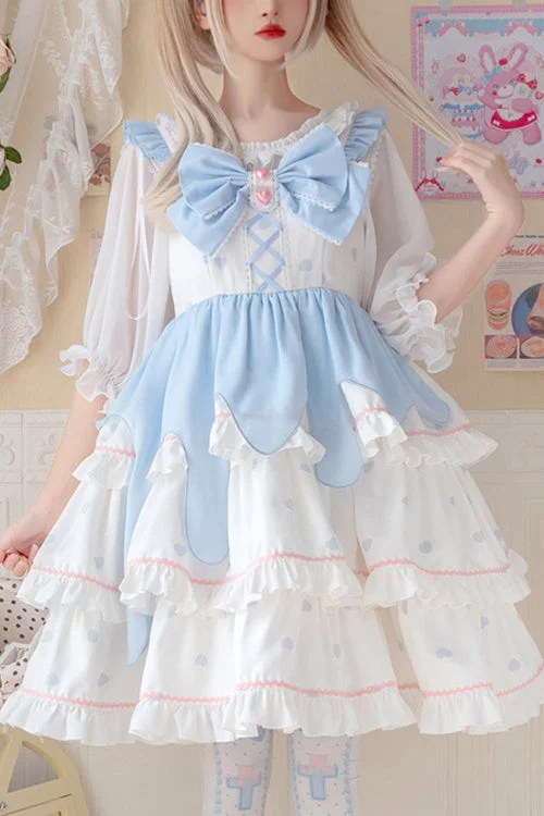 White/Blue Multi-Layer Ruffled High Waist Sweet Lolita Layered JSK Dress Trendy unclassified dresses