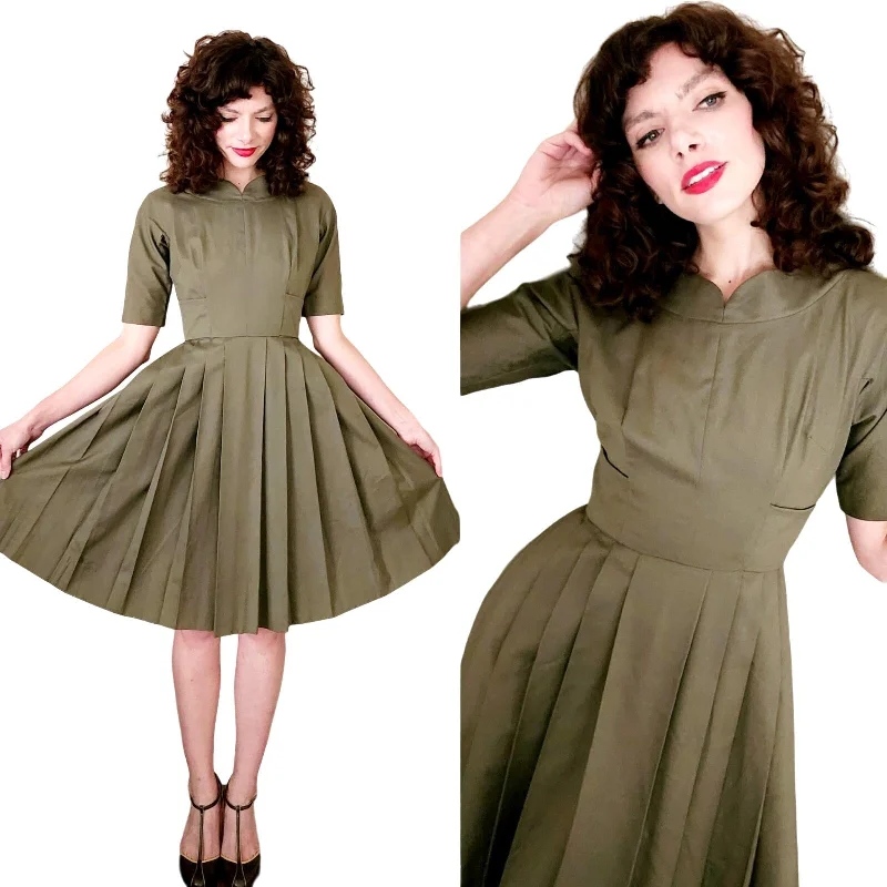 1950s Jacques Heim Couture Dress Olive Green Wool One-shoulder unclassified dresses