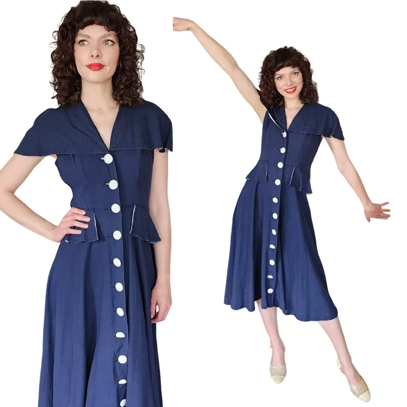 Vintage 40s Navy Blue Summer Dress White Buttons Shawl Collar Casual chic unclassified dresses