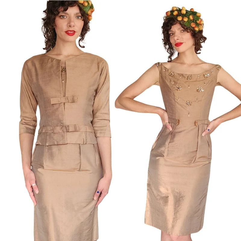 Vintage 50s Beige Silk Dress Suit w/Rhinestones Sexy unclassified dresses