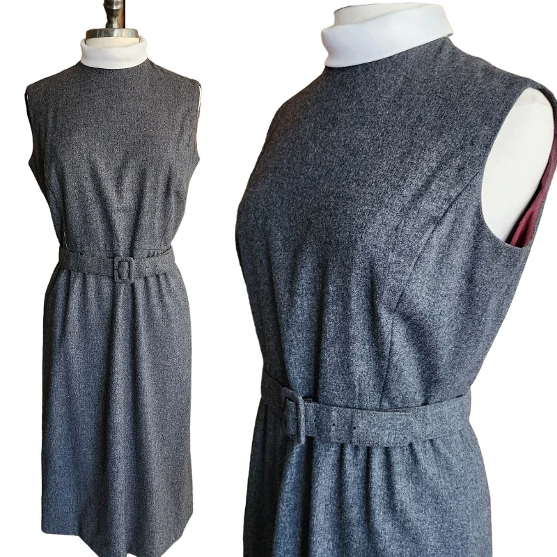 Vintage 60s Gray Wool Day Dress Belted Sleeveless Stephan Casuals Comfortable unclassified dresses