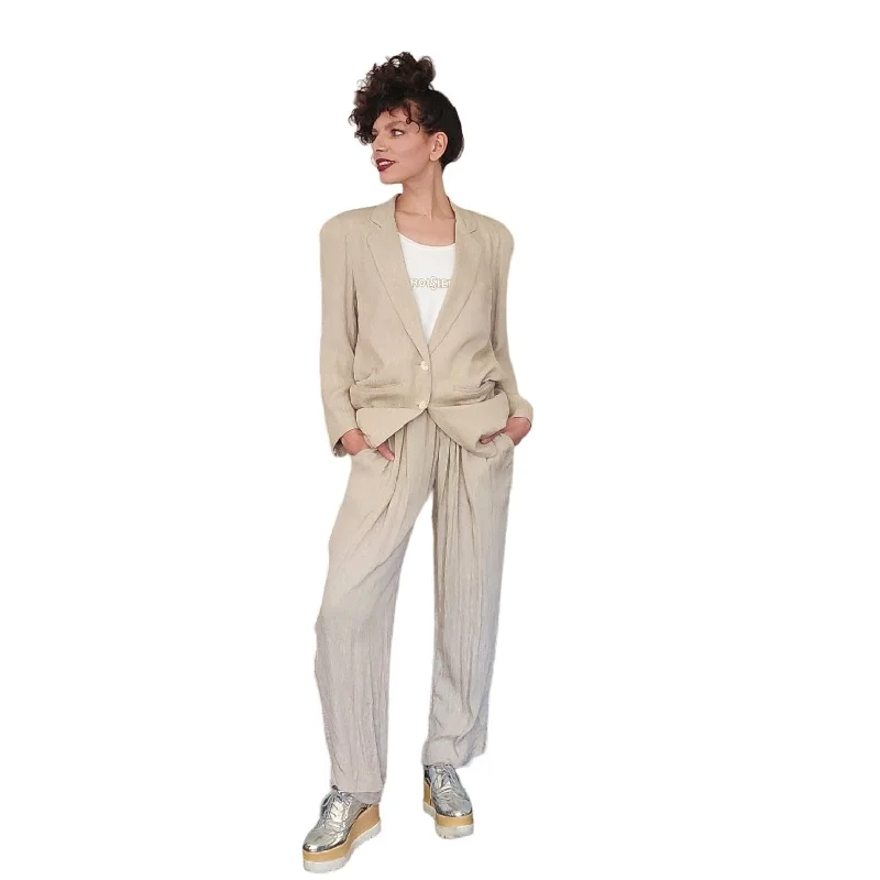 Vintage 80s 90s DONNA KARAN Pant Suit Beige Silk Beaded unclassified dresses