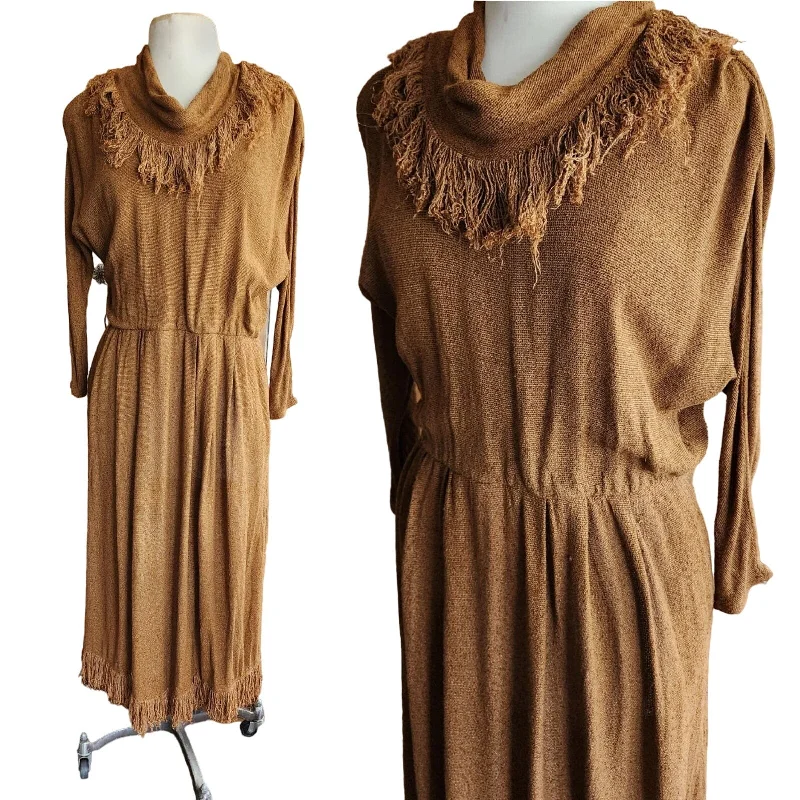 Vintage 80s Brown Dress Fringed Cowl Collar Mad Max Distopia Positive Attitude Casual chic unclassified dresses