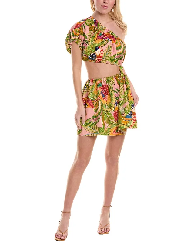 FARM Rio Macaw Leaves Cutout Waist Linen-Blend Mini Dress Colorful Mini Skirt