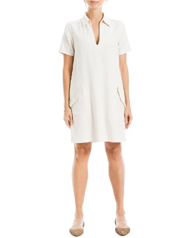 Max Studio Collar V-Neck Linen-Blend Short Dress High-Waist Skirt Look