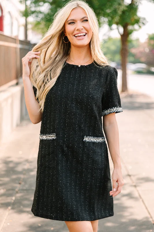 On Time Black Tweed Mini Shift Dress Chic Denim Skirt