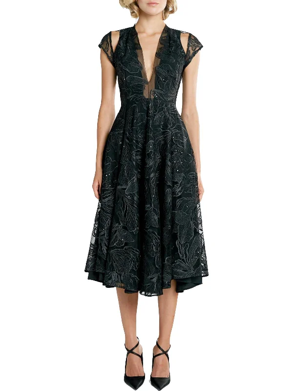 Alyssa Womens Lace Plunging Evening Dress Lace Skater Dress