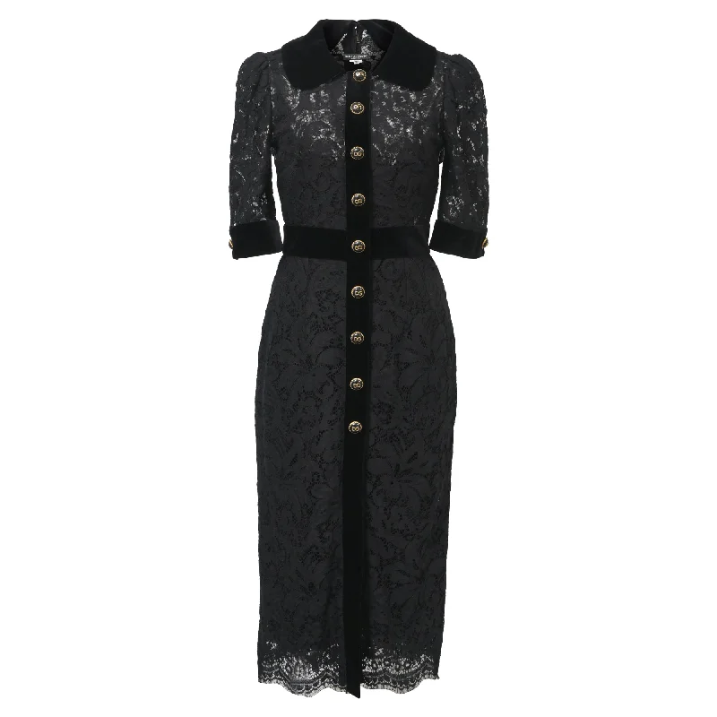 Dolce & Gabbana Velvet Trim Lace Bejeweled DG Buttons Dress in Black Cotton Flowy Lace Dress