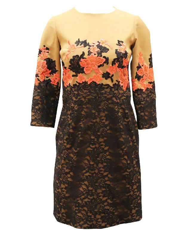 Erdem Lace Embroidered Shift Dress in Tan Linen Lace Dress Day