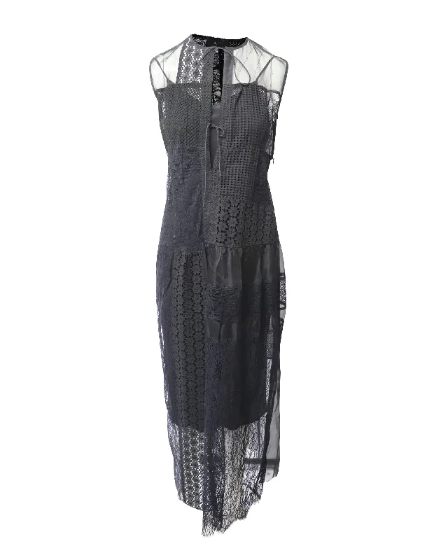 Joseph Patchwork Lace Long Dress in Black Nylon Lace Cocktail Gown