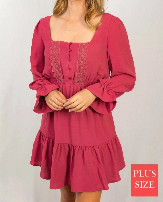 Long Poet Sleeve Solid Lace Trim Dress In Mauve Lace Dress Design