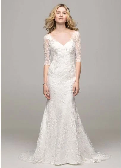 David's Bridal 3/4 sleeve all over lace trumpet gown 10030443 Vintage Lace Gown