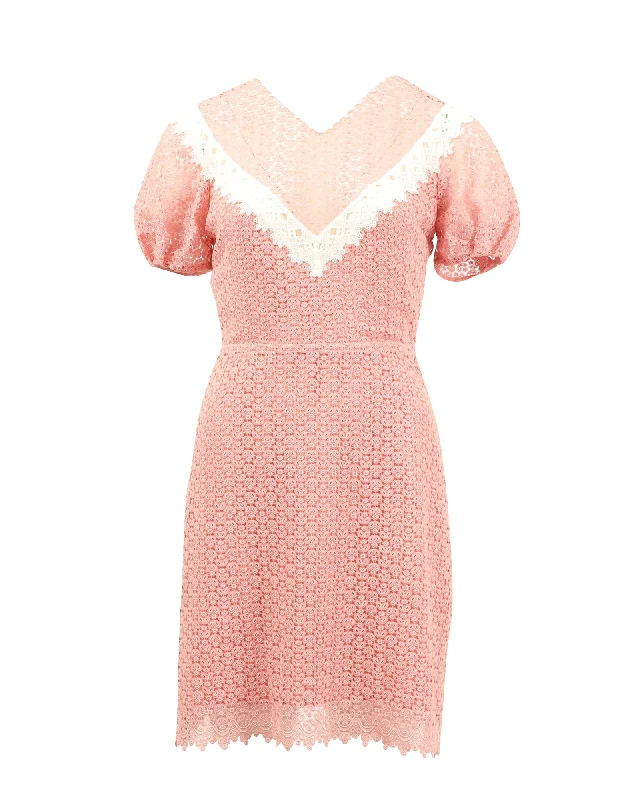 Sandro Paris Gavin Two-Tone Puff Sleeve Lace Dress in Pink Polyester Lace Bridesmaid Dress