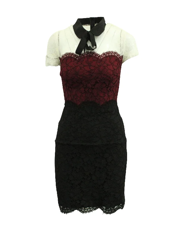 Sandro Paris Tri-Tone Lace Dress in Black/Red/White Nylon Lace Dress Fashion