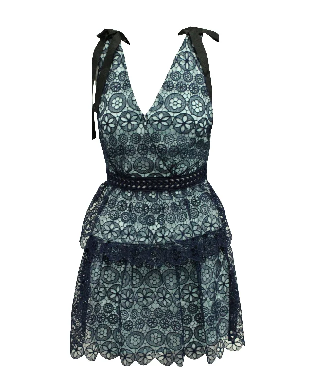 Self-Portrait Bow-Detailed Tiered Guipure Lace Dress in Blue Polyester Lace Dress Classic