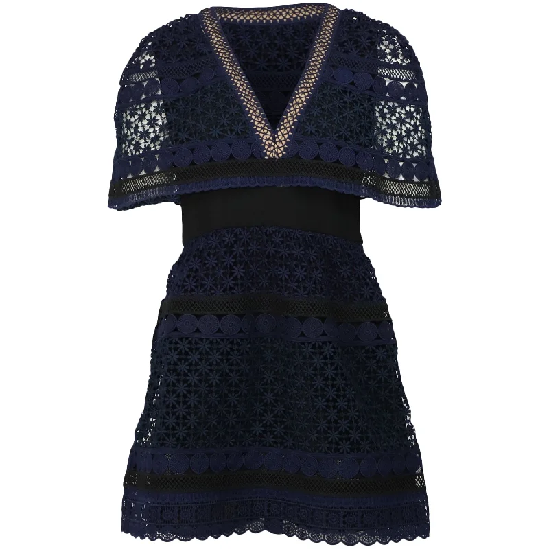 Self-Portrait Guipure Lace Cape Dress in Blue Polyester Off-the-shoulder Lace